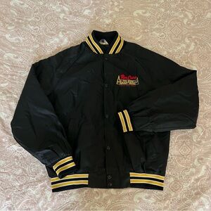 Vintage 1990s dark navy blue & yellow “RBI” satin varsity bomber jacket